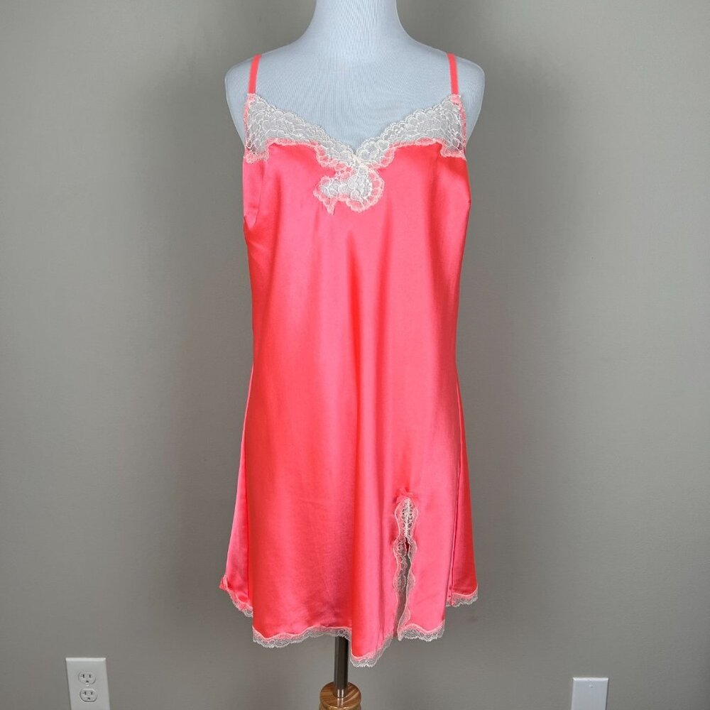 Victorias Secret Slip Nighty Large Coral Silky Satin Lace Trim Mini Lingerie L